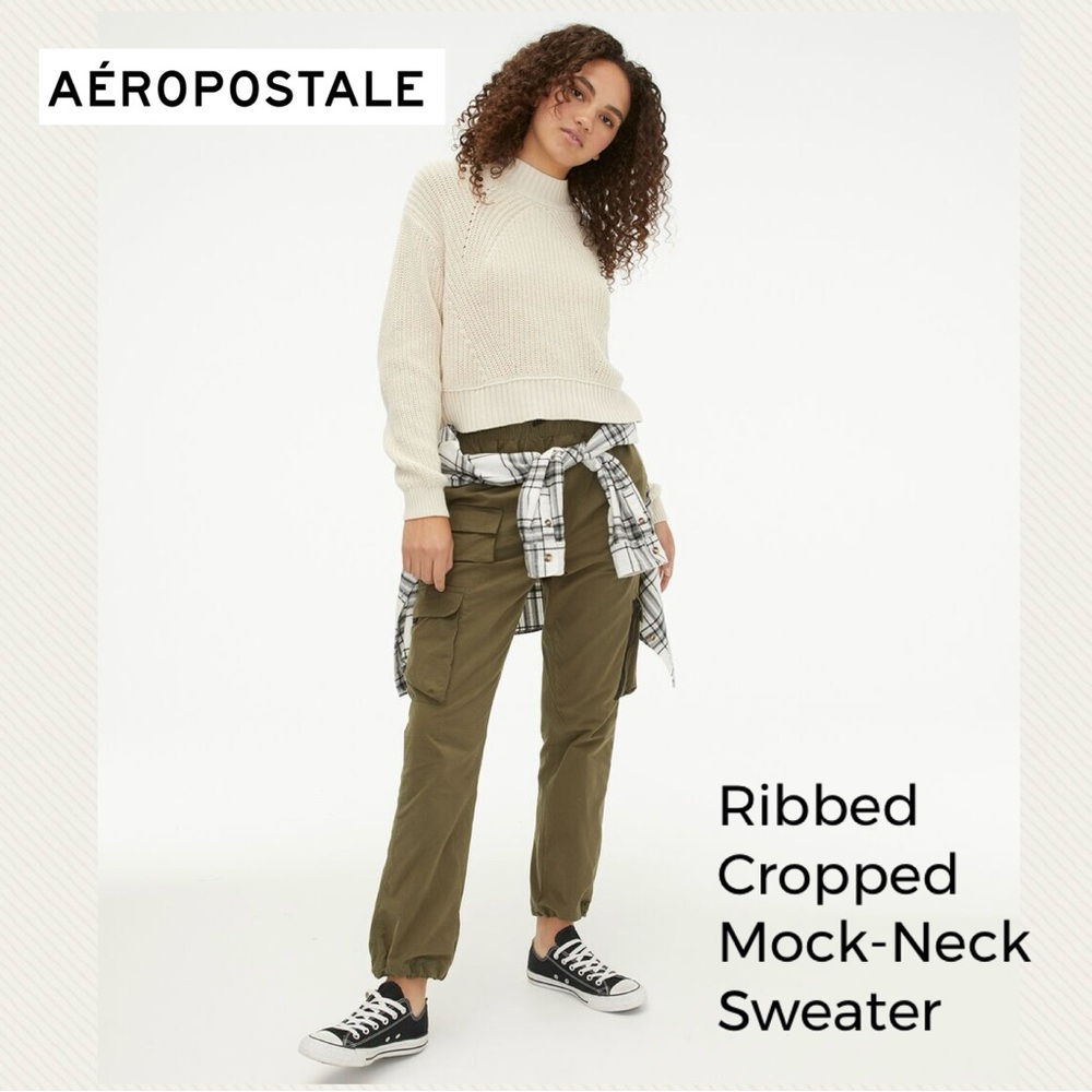 Aeropostale Ribbed Mock Neck Crop Sweater in Cream - Size XS - Like NEW!